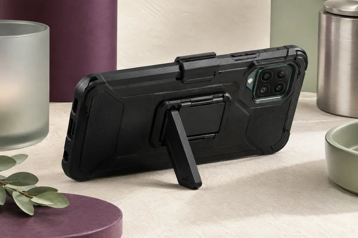 Étui noir pour Galaxy A12 avec clip ceinture pivotant et béquille intégrée, posé dans un décor minimaliste.