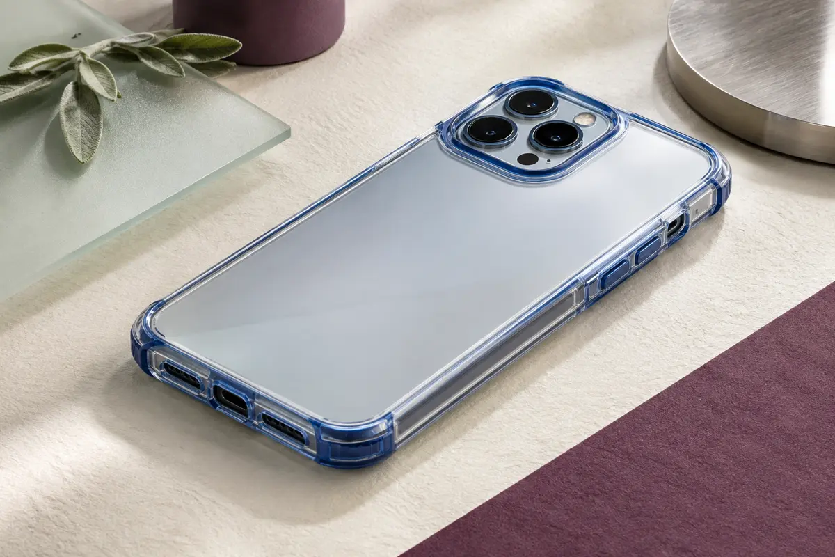 Coque intégrale transparente aux détails bleus, avec protecteur d’écran intégré et bords relevés