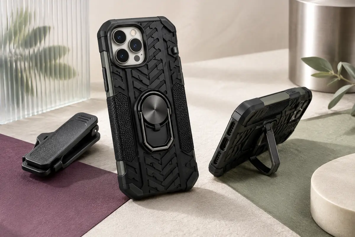 Coque renforcée noire pour iPhone 17e, avec texture antidérapante, béquille rotative et clip de ceinture.