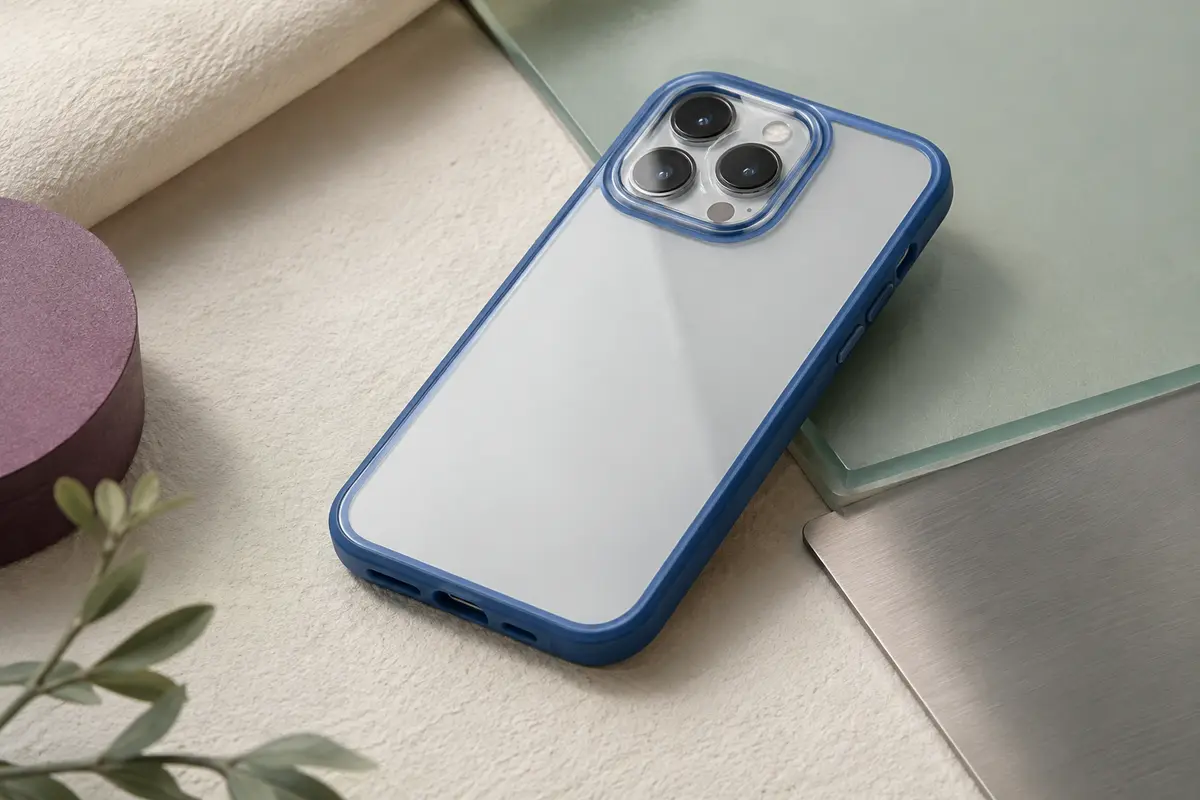 Coque intégrale bleue à dos transparent, avec protections en verre pour l’écran et les objectifs arrière.