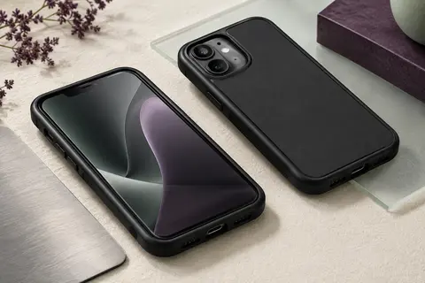 Coque intégrale noire en TPU avec protecteur d’écran intégré, installée sur un smartphone sans marque visible.