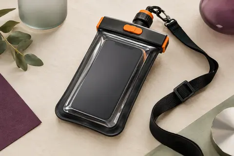 Pochette étanche noire et orange avec face transparente, smartphone visible et bandoulière de transport.