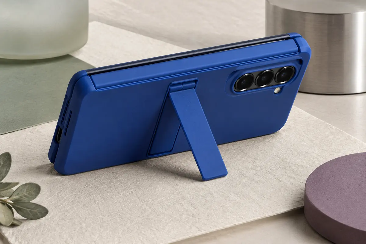 Coque bleu royal pour smartphone pliable, avec charnière protégée et support arrière déployé.