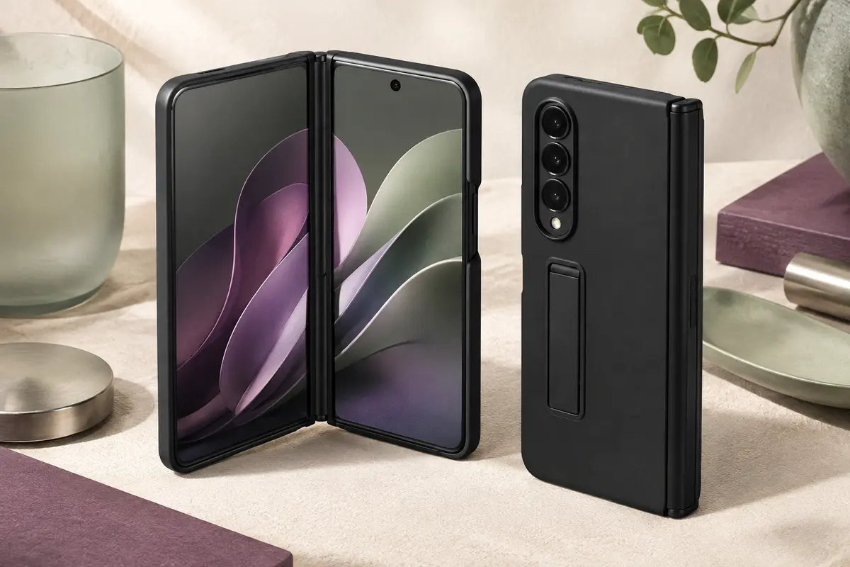 Coque noire mate pour Galaxy Z Fold 6 avec protection de charnière, verre avant et support intégré