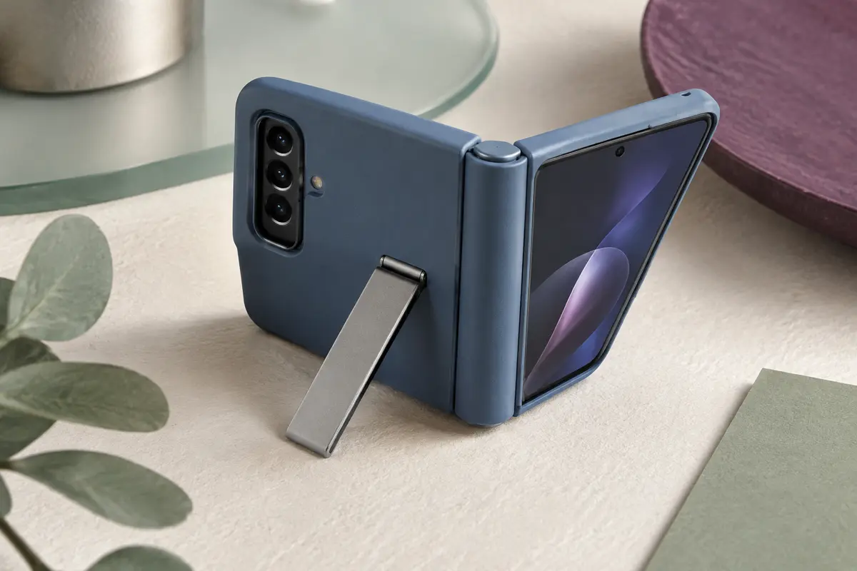 Coque bleue pour smartphone pliable avec protection de charnière, verre avant et béquille intégrés