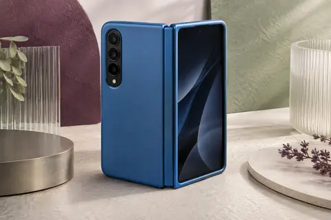 Coque bleue pour smartphone pliable avec porte-cartes, support métallique et volet coulissant pour la caméra