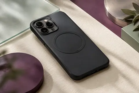 Coque noire fine avec interface de fixation, installée sur un smartphone sans marque visible.