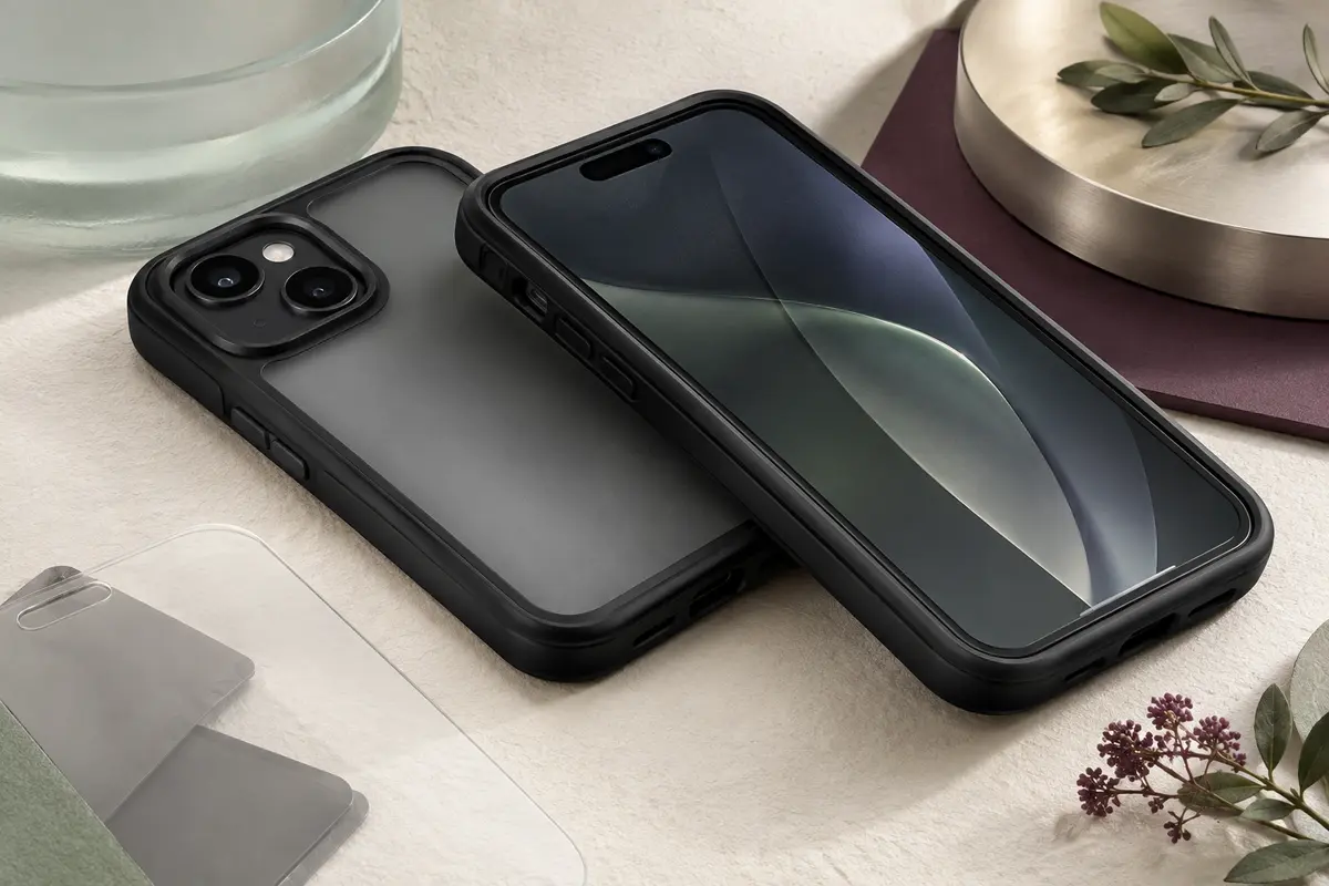 Coque noire intégrale pour iPhone 15 avec cadre renforcé, dos givré et protections d’écran et d’objectifs intégrées.