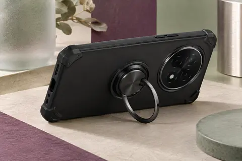 Coque noire en TPU pour Honor Magic 8 Lite 5G avec anneau métallique déployé en béquille horizontale.