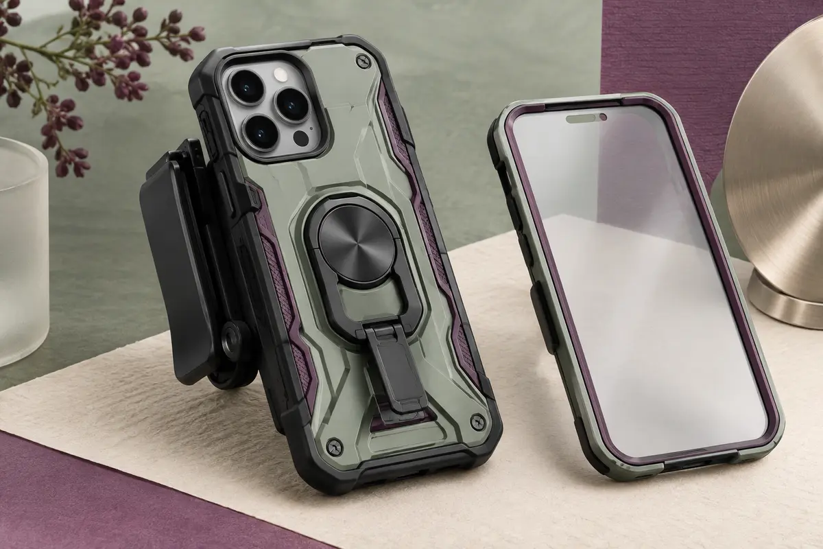 Coque robuste avec clip ceinture rotatif et béquille, accompagnée de deux façades avant.