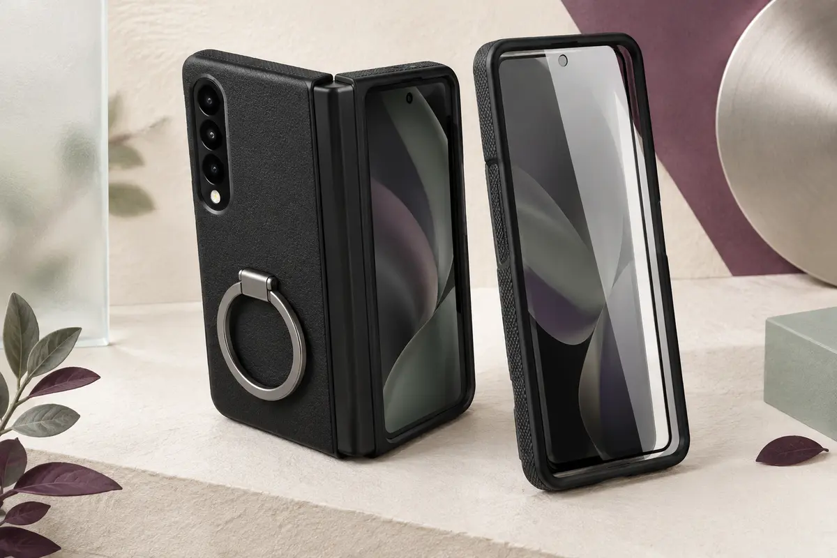 Coque noire pour smartphone pliable avec protection de charnière, film avant et anneau-support métallique