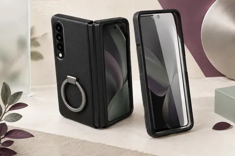 Coque noire pour smartphone pliable avec protection de charnière, film avant et anneau-support métallique
