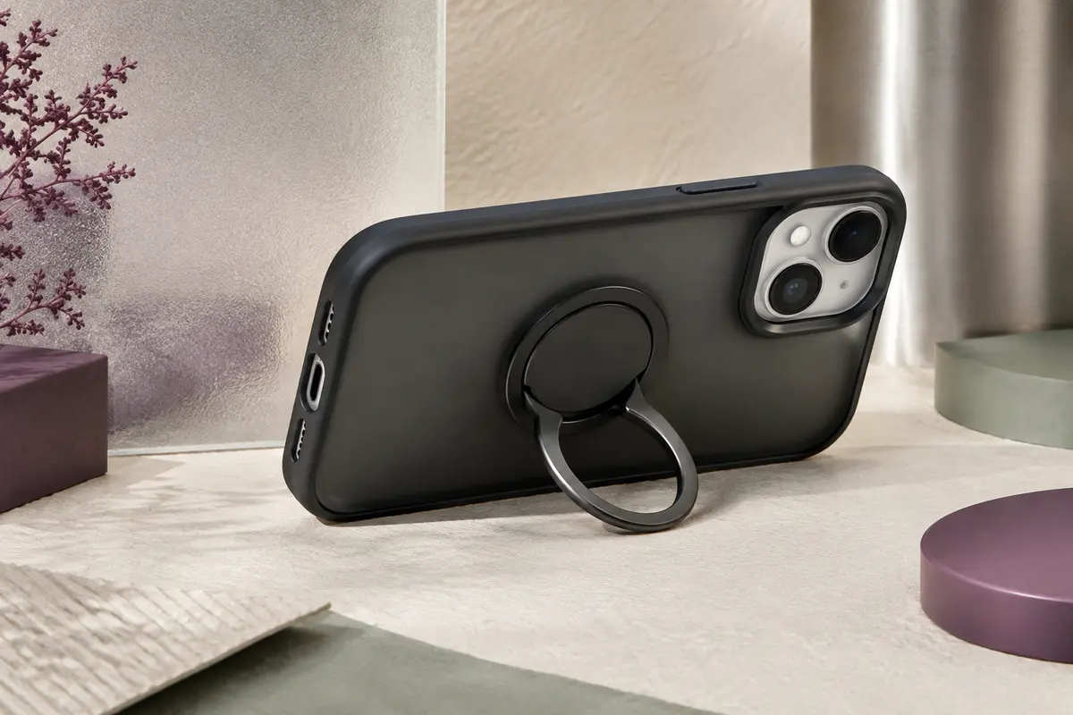 Coque noire mate translucide pour iPhone 15 avec béquille à anneau déployée