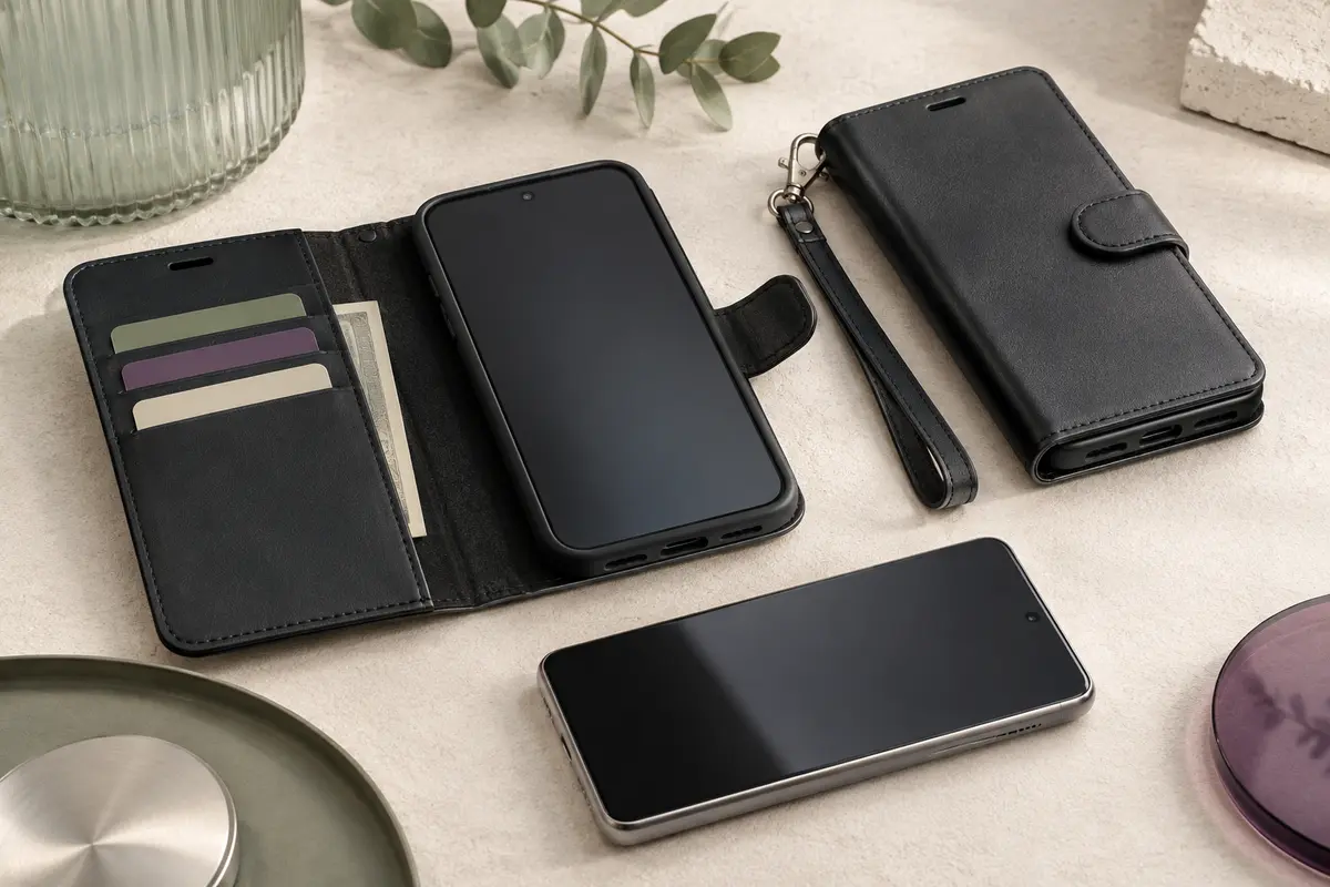 Étui portefeuille noir pour iPhone 13 avec fentes pour cartes, rabat, béquille intégrée et dragonne.