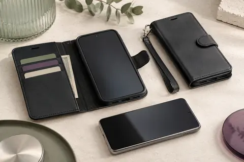 Étui portefeuille noir pour iPhone 13 avec fentes pour cartes, rabat, béquille intégrée et dragonne.