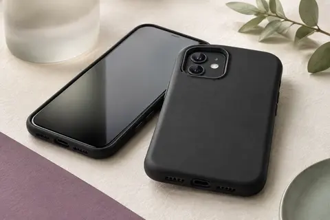 Coque souple en TPU noir avec bords relevés autour de l’écran et de l’appareil photo