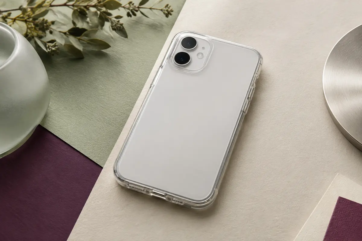 Coque transparente en polycarbonate et TPU sur un smartphone sans marque, photographiée en gros plan.