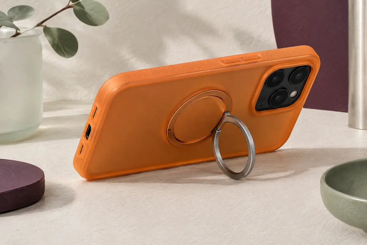 Coque orange mate pour iPhone 17 Pro Max avec béquille rotative et rebords protecteurs autour de l’appareil photo