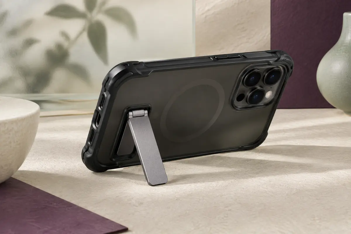 Coque noire mate pour Galaxy S22 avec béquille magnétique déployée sur un décor minimaliste.
