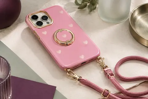 Coque rose à motif cœur pour Galaxy A16, avec cordon réglable et anneau-support pivotant doré.