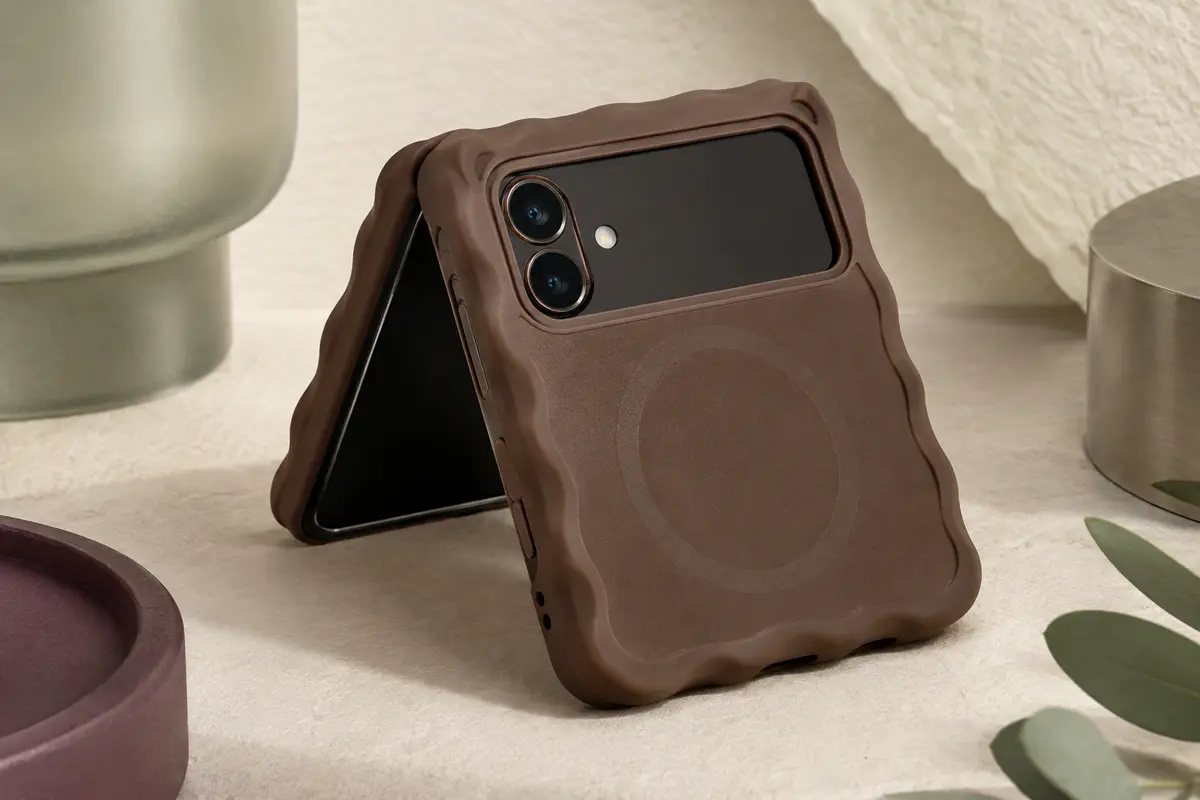 Coque marron à bords ondulés installée sur un smartphone pliable sans marque, vue rapprochée de l’arrière.