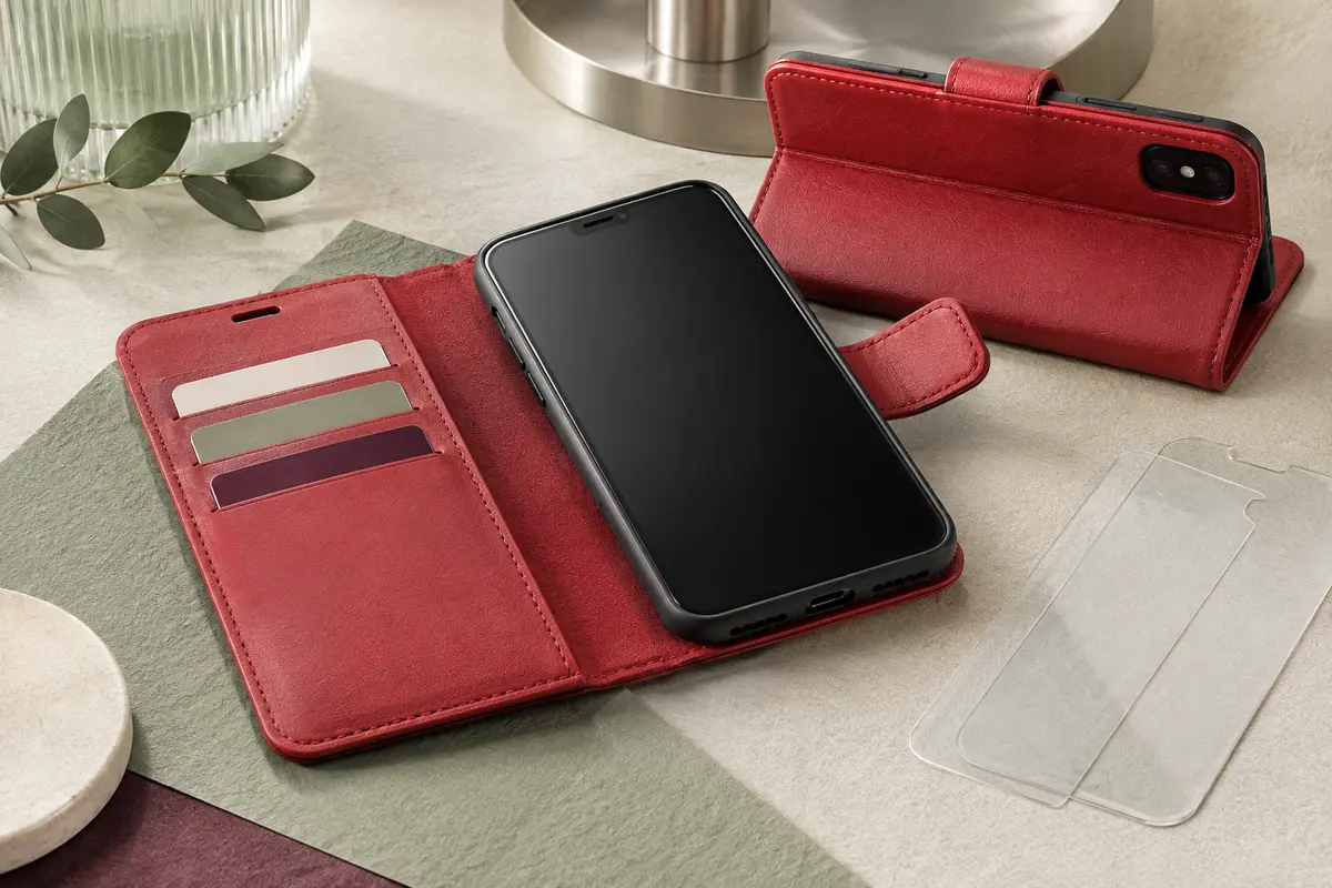 Étui portefeuille rouge ouvert avec fentes pour cartes, support pliable et smartphone sans marque visible
