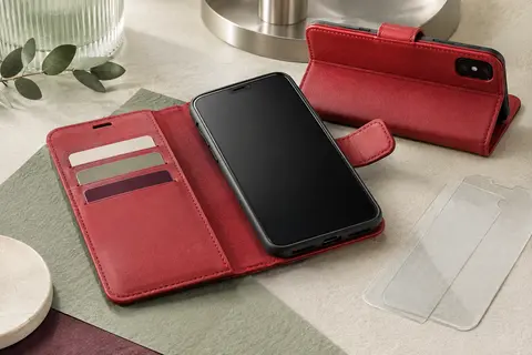 Étui portefeuille rouge ouvert avec fentes pour cartes, support pliable et smartphone sans marque visible