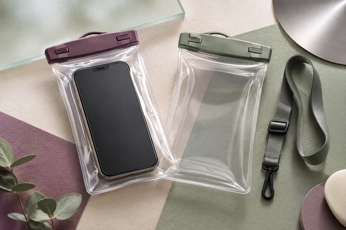 Deux pochettes transparentes étanches, dont une contenant un smartphone, avec leur lanière réglable.