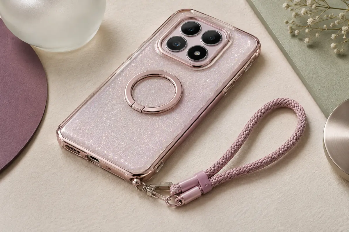 Coque transparente rose scintillante avec anneau intégré et cordon tressé amovible pour smartphone