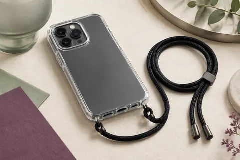 Coque transparente pour iPhone 15 avec cordon tressé noir réglable, posée dans un décor minimaliste.