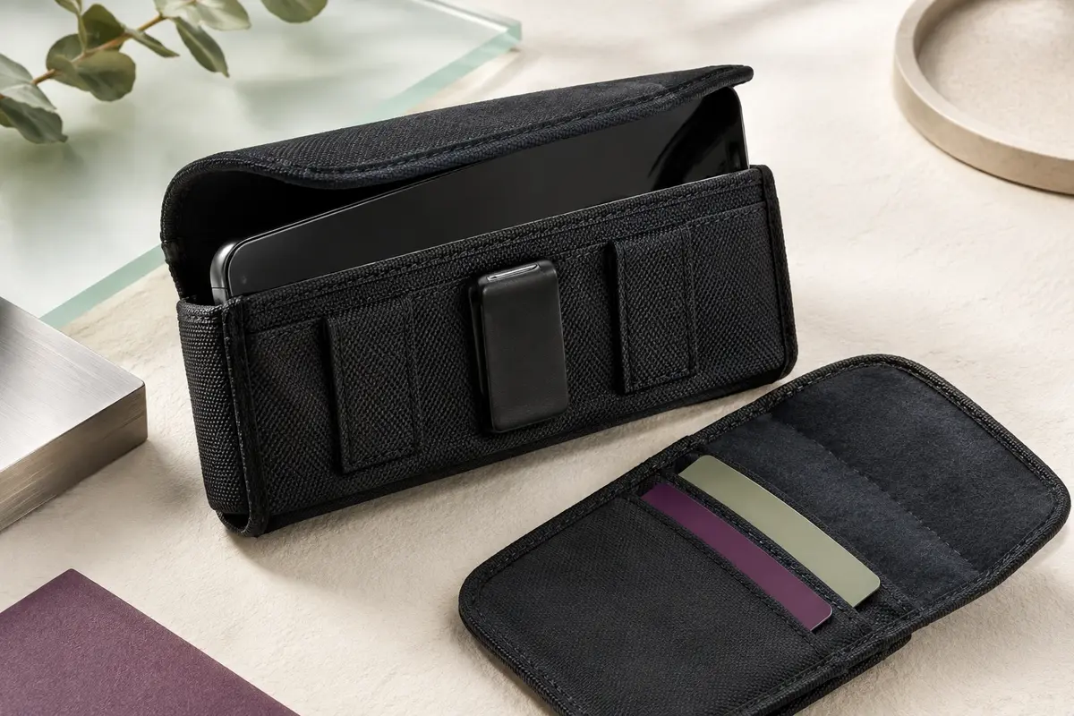 Étui ceinture horizontal en nylon noir avec rabat magnétique, clip et emplacements pour cartes
