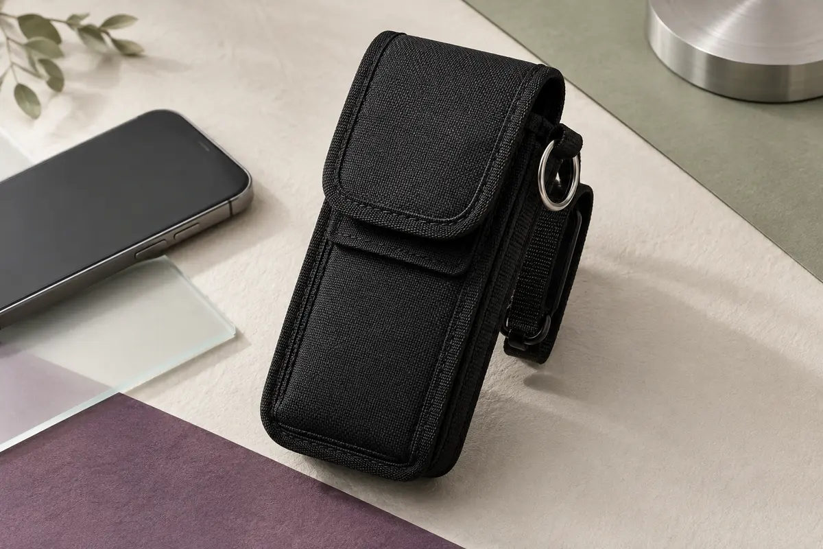 Pochette de téléphone noire en nylon avec fermeture Velcro, clip de ceinture et anneau métallique