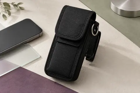 Pochette de téléphone noire en nylon avec fermeture Velcro, clip de ceinture et anneau métallique