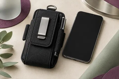 Pochette holster noire en nylon avec clip métallique et porte-stylo, présentée près d’un smartphone sans marque.
