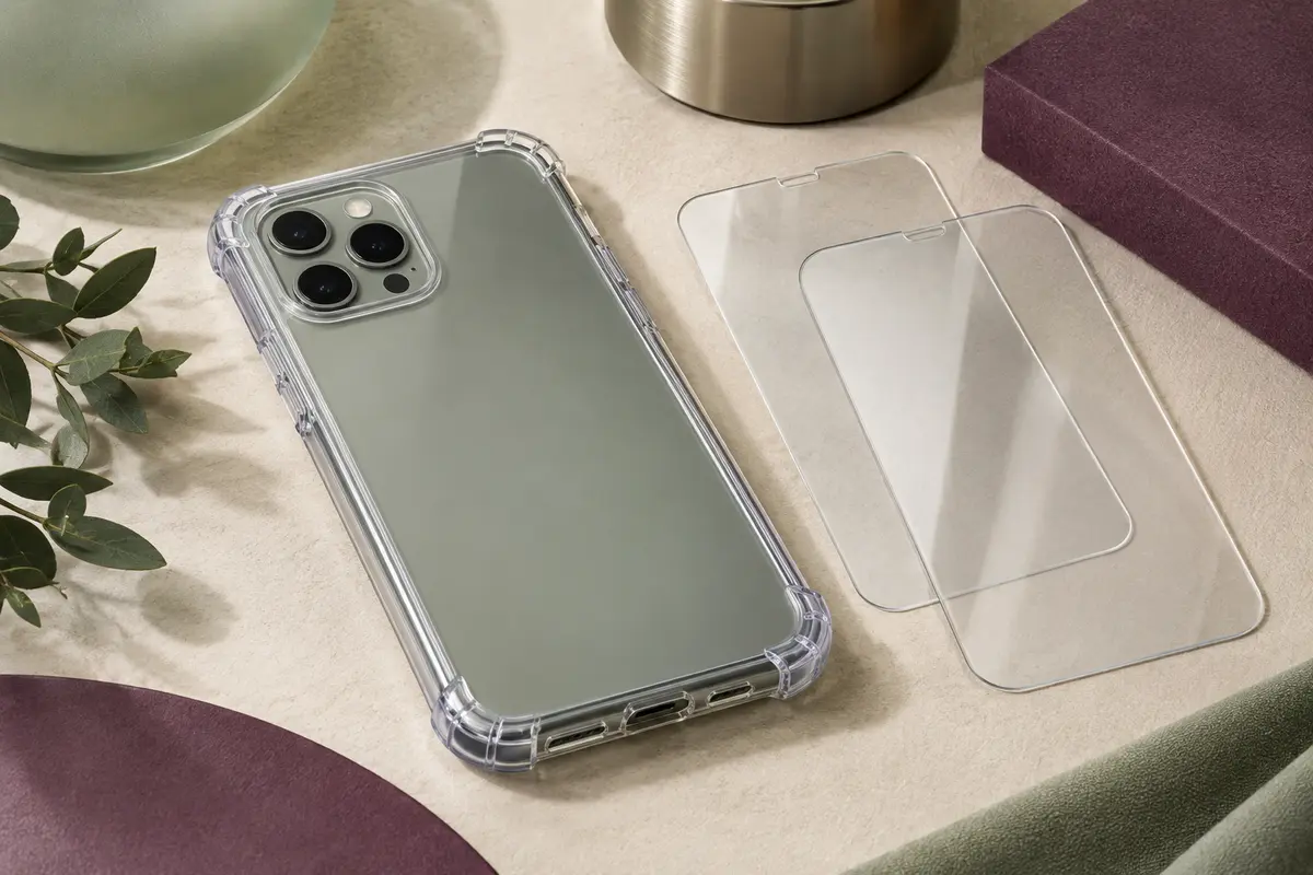 Coque transparente avec renforts d’angle et deux verres trempés posés près d’un smartphone