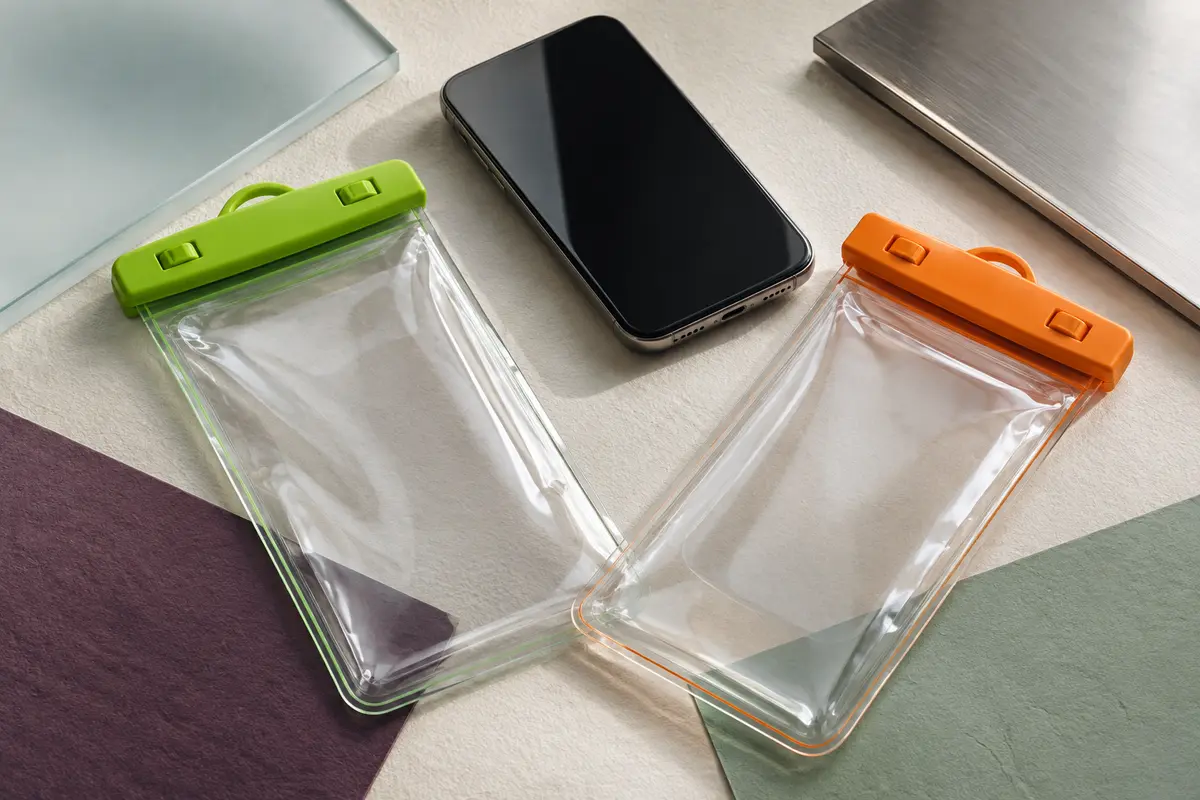 Deux pochettes étanches pour smartphone, aux accents verts et orange, près d’un téléphone sans marque.