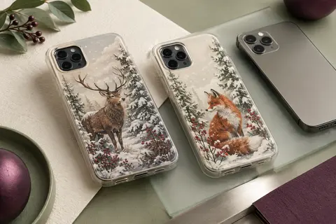 Deux coques souples pour iPhone 16 Pro Max décorées de motifs de wapiti et de renard de Noël.
