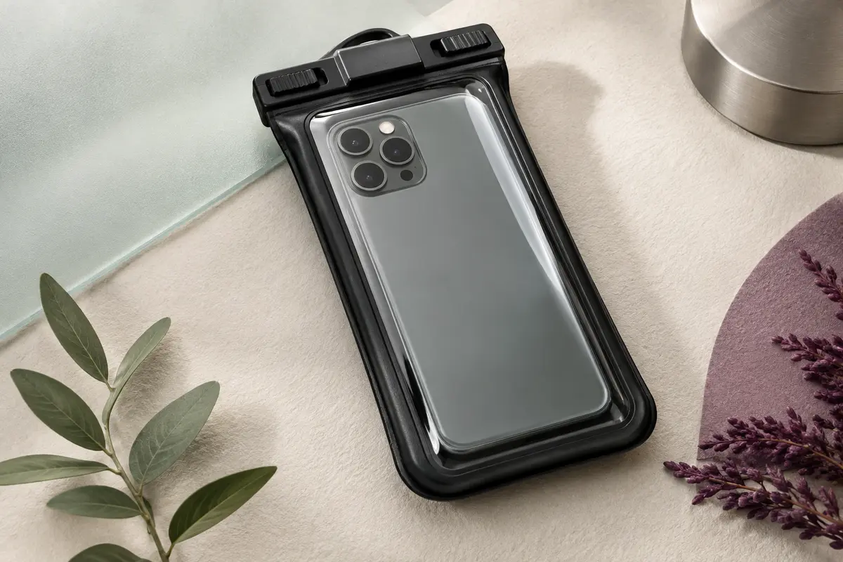 Pochette étanche rigide noire avec smartphone visible derrière sa fenêtre transparente