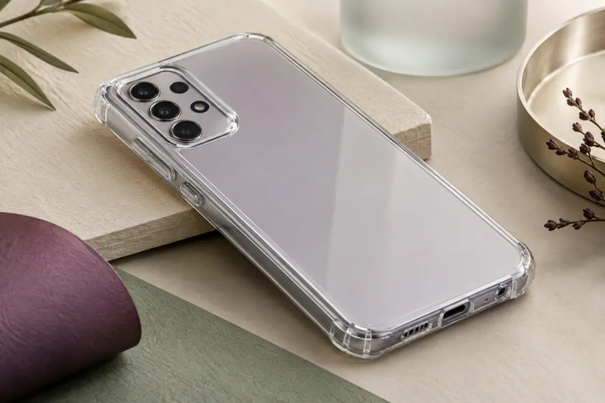 Coque intégrale transparente en deux parties installée sur un smartphone, avec bords relevés autour de l’écran et des caméras.