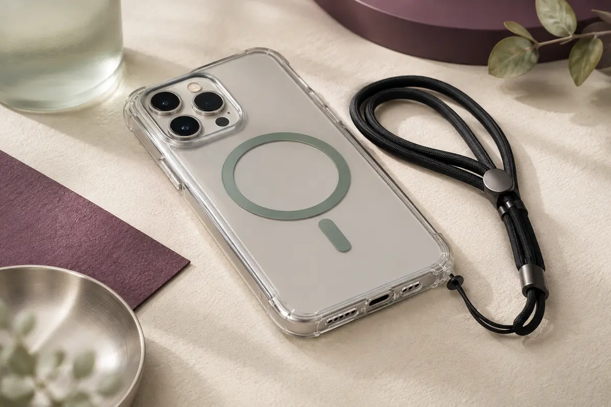 Coque transparente pour iPhone 15 avec cordon noir réglable et anneau magnétique intégré