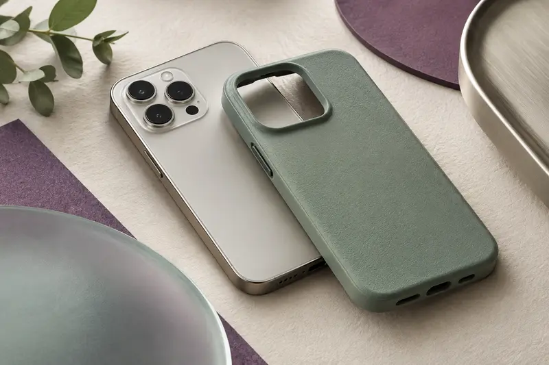Détails d’une coque et de ses découpes près d’un smartphone sans marque, sur un décor minimaliste