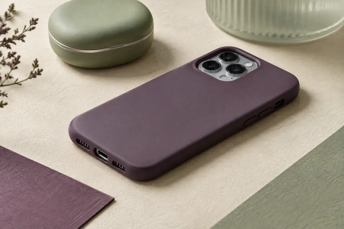 Coque de smartphone et appareil sans marque sur un décor ivoire, avec détails prune et sauge
